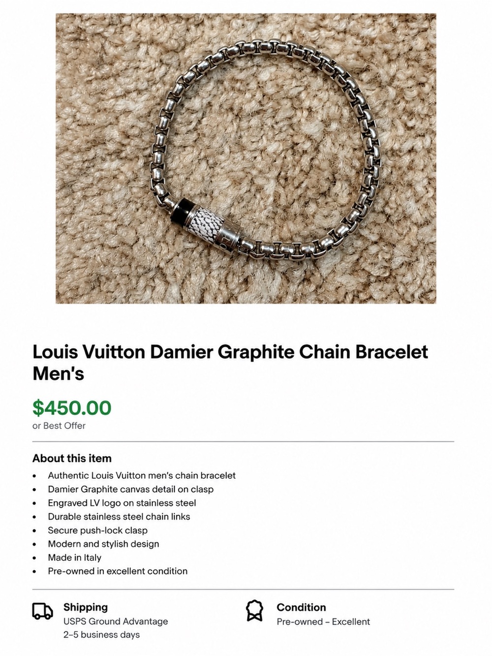Louis Vuitton Silver Tone Chain Bracelet with Damier Graphite Detail